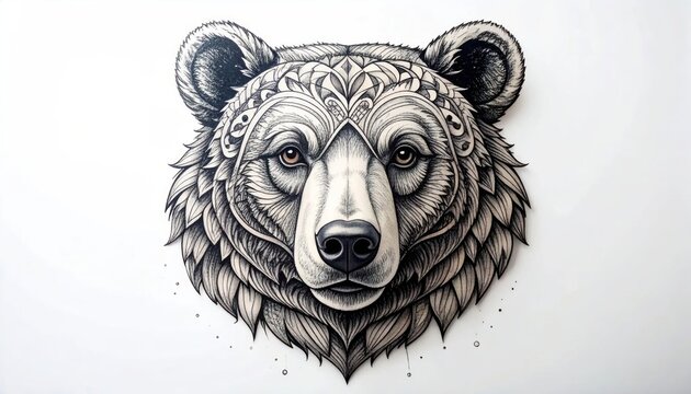 Intricate black and white bear head illustration on white background