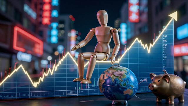 Wooden figure sits atop global map, charting financial growth with piggy bank nearby.