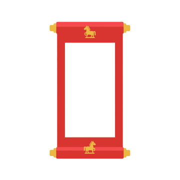 Traditional red Asian scroll frame with golden horse decorations, featuring a blank white space for customizable text or image display, cultural design element