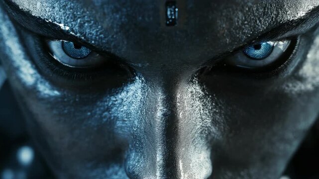 Metallic face gleams under cold, blue light. Eyes hollow, deep, and shadowed. Surface textured, cold, and smooth. Facial features sharp, angular, and defined. Dark creases trace contours of the mask