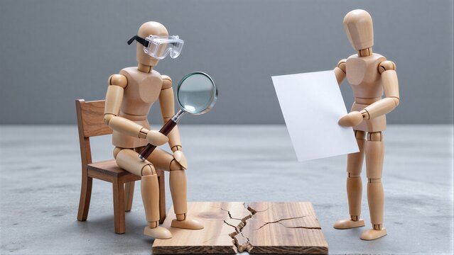 Two wooden figures inspect a cracked board, one with goggles and magnifying glass.