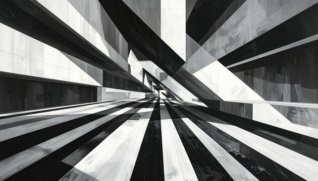 Monochromatic geometric architectural hallway with bold stripes