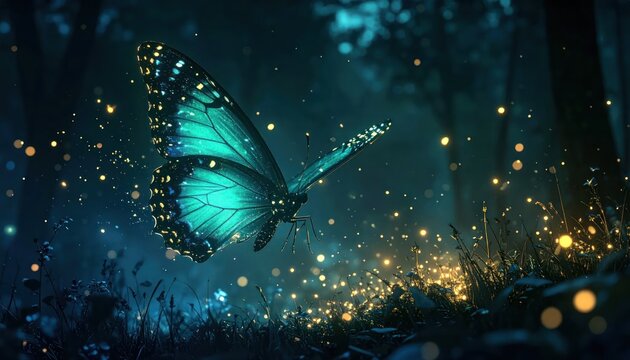 Glowing blue butterfly flying in enchanted forest at night