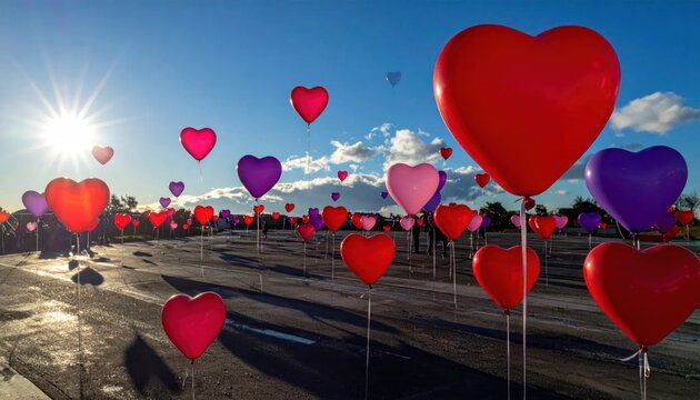 Heart balloons floating over outdoor space at bright sunset