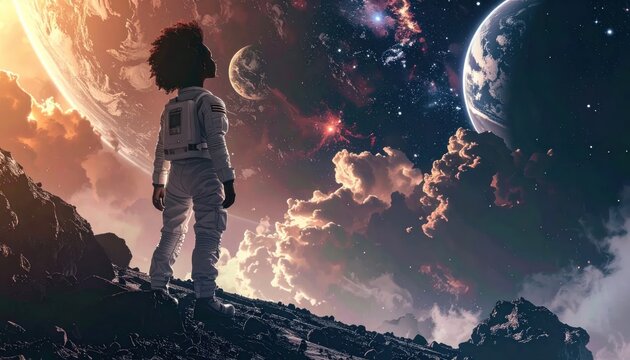 Young astronaut standing on planet looking at colorful galaxy