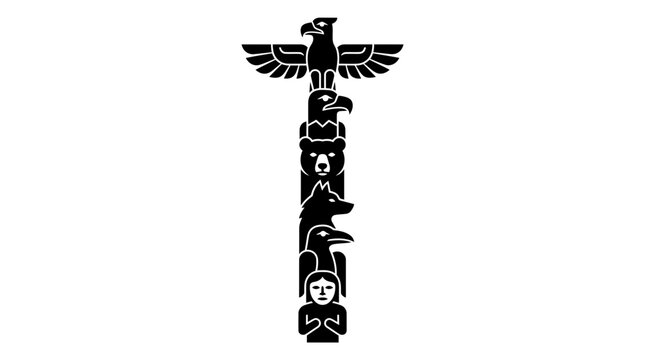 Black and white vector illustration of a traditional Native American totem pole.