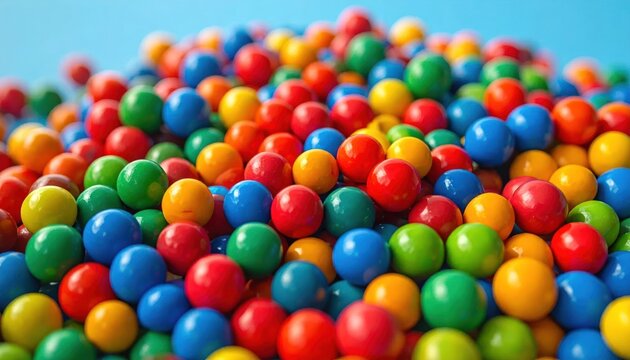 Large pile of colorful round gumballs on blue background
