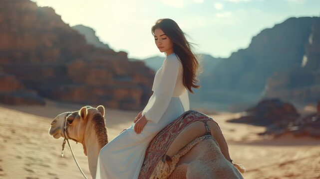 Golden light bathes desert landscape. Woman sits calmly on camel. Wind whispers through her long hair. Camel moves gently across sand. Rugged rock formations rise behind