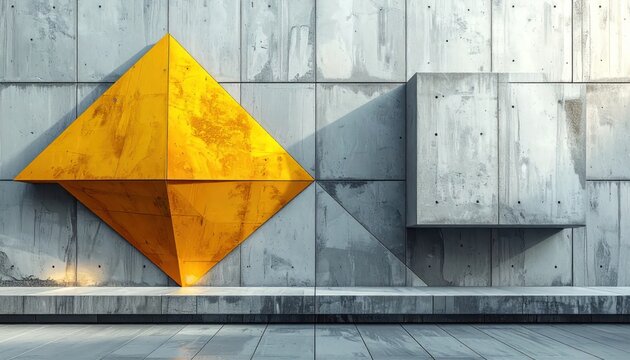 Abstract yellow geometric sculpture on industrial concrete wall