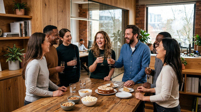 Diverse Coworkers Celebrate Birthday With Cake and Drinks in Modern Office