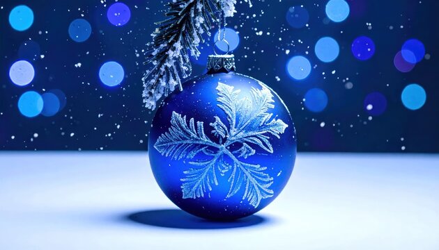 Blue Christmas ornament with white snowflake on snowy branch