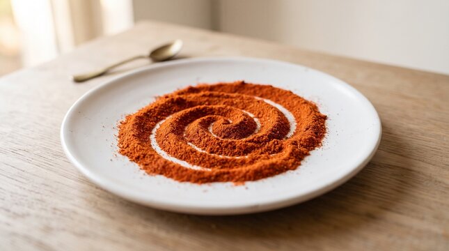 A spiral of red spice powder on a white plate
