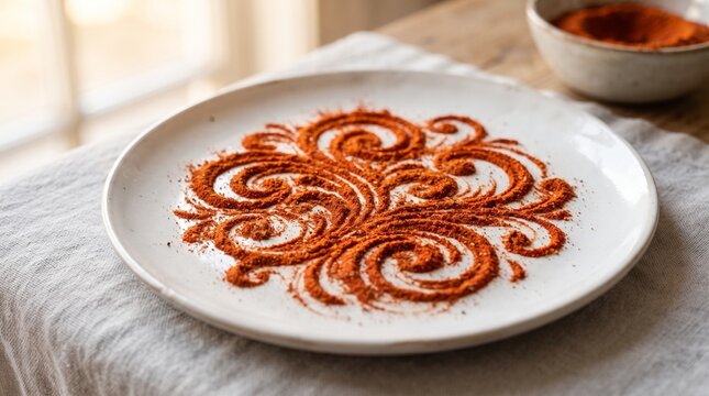 Artistic swirl pattern made of red paprika powder on a white plate