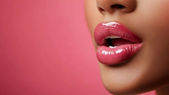 A featuring a person's lips wearing vibrant pink lipstick against a pink backdrop. The focus is on the lips, emphasizing texture and color.