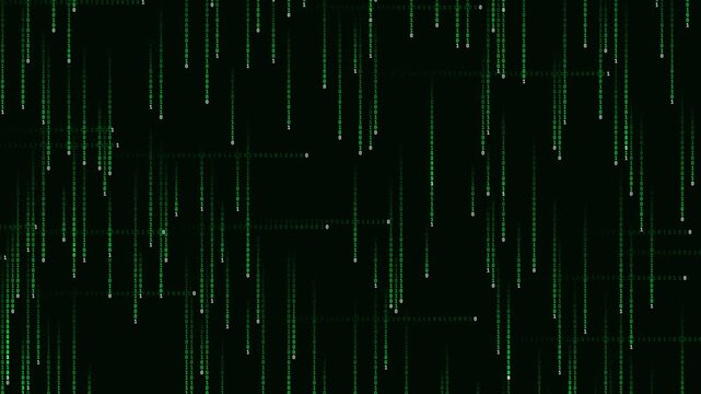 Binary data falling digital rain with glowing green code strings on black background for cyber security