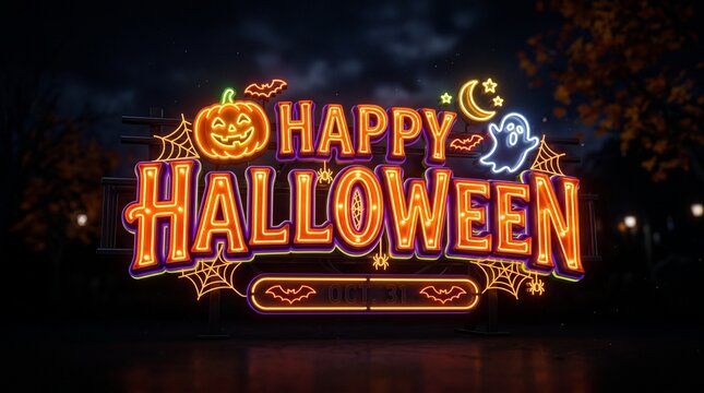 Neon happy halloween sign with pumpkin ghost and bats in dark night