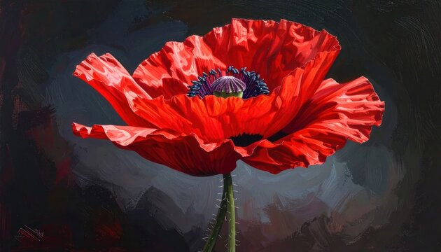 Vibrant red poppy flower oil painting on dark background