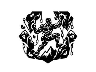 Fototapeta premium Strong Rock Climber on Climbing Wall with Gear - Stylized Black White Glyph Illustration for Sports