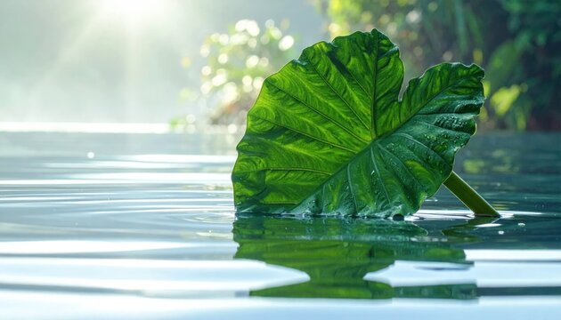 Large green tropical leaf floating on calm water with sunlight