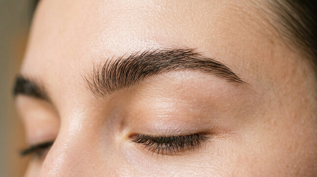 Close-up of perfect eyebrows with closed eyes and long lashes.