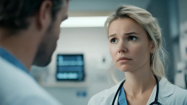 A woman wearing a white coat and stethoscope looking at a doctor with concern on her face.