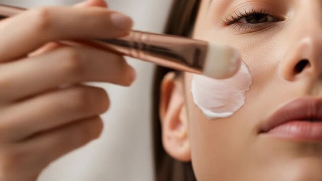A woman applies white cream to her face with a flat makeup brush