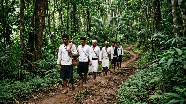 Group of indigenous men hiking through dense green rainforest with indigenous
