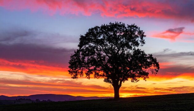 Lone tree silhouette against vibrant sunset sky on a hill