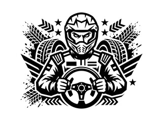 Fototapeta premium Motorsport Racing Driver with Helmet and Steering Wheel Emblem - Dynamic Black White Vector Illustration