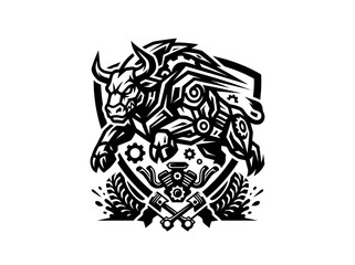 Fototapeta premium Black and white mechanical bull illustration, automotive engine and pistons