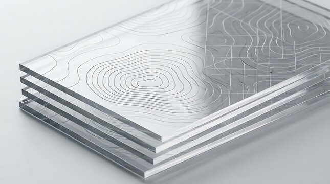 A set of clear glass sheets featuring geo overlay templates with engraved contour lines stacked neatly against a neutral studio backdrop for professional use