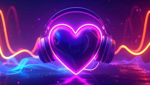 Neon heart wearing headphones on abstract electronic music background