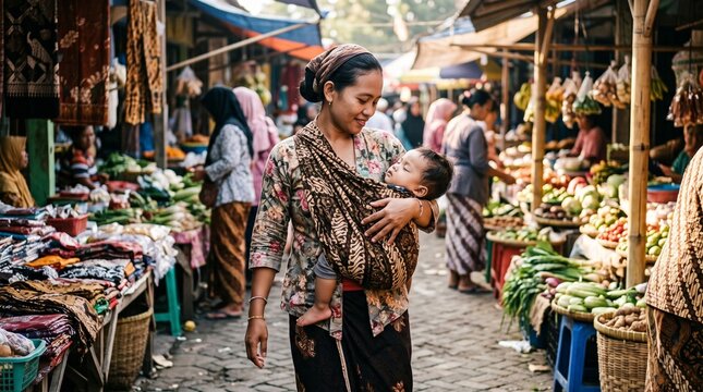 Young indonesian mother holding her child in traditional fabric sling