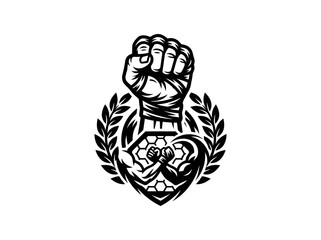 Obraz premium Black White Vector Emblem: Raised Fist, Arm Wrestling Laurel Wreath for Combat Sports Fitness