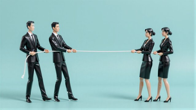 Two teams in suits pull a rope, symbolizing business competition or teamwork.