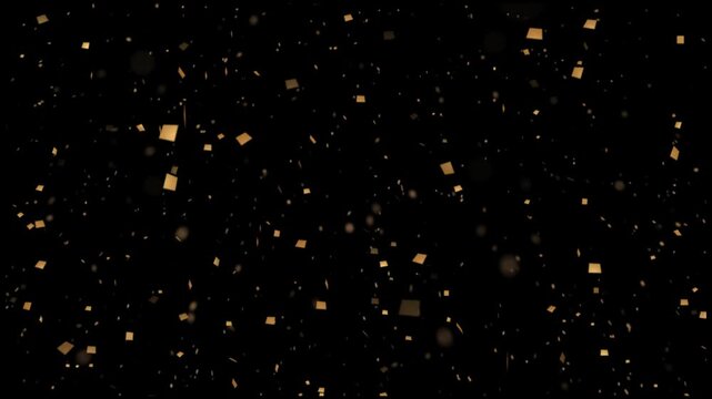 Confetti consists of small golden squares floating against a deep black background.