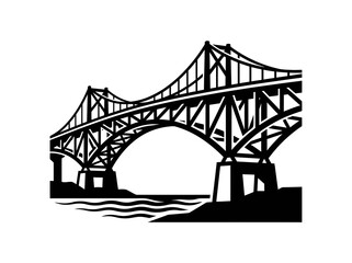 Naklejka premium Black White Silhouette of a Double-Deck Truss Bridge, Construction Industry