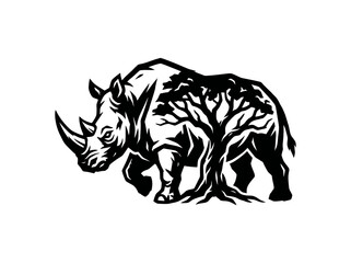 Obraz premium Black and White Vector Art of a Rhinoceros with Tree Design