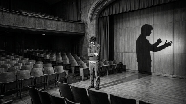 Man on stage with dramatic shadow, empty theater, spotlight, grayscale