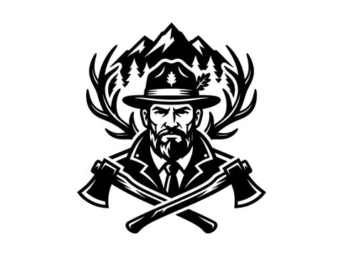 Bearded Lumberjack with Axes, Mountains, Antlers - Black and White Emblem