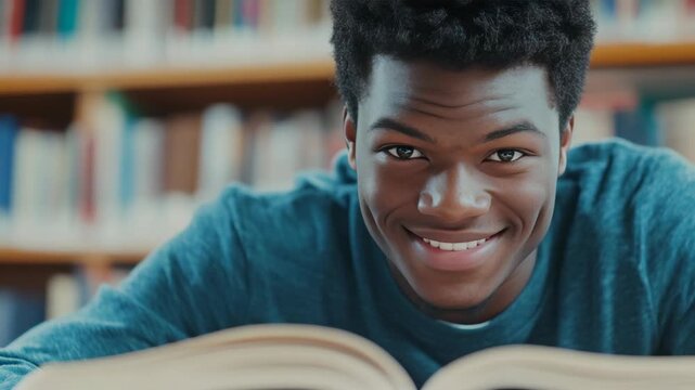 Smiling African American male student focused on reading a book in library stacks