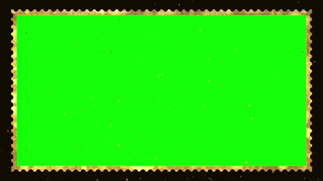 Stamp frame with serrated edges displays a vibrant green screen center for chroma key compositing.