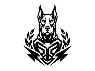 Fototapeta premium Black and White Doberman Dog Head Emblem with Laurel Wreath and Lightning Bolts