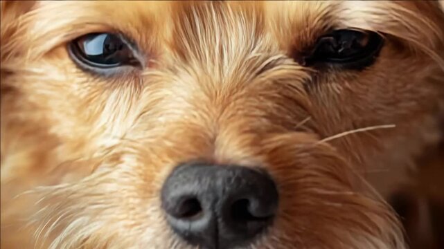 The features an adorable dog with expressive eyes and a wet nose, looking directly at the camera. The dog appears to be small breed with a wavy coat.