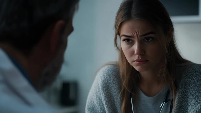 Close-up of young female patient with concerned expression speaking to doctor in white coat and stethoscope