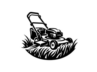 Obraz premium Landscaping Lawn Care Service Lawnmower Mowing Grass Black and White Monochrome Vector Illustration