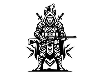 Obraz premium Black and White Warrior Wolf with Rifle and Swords Vector Art