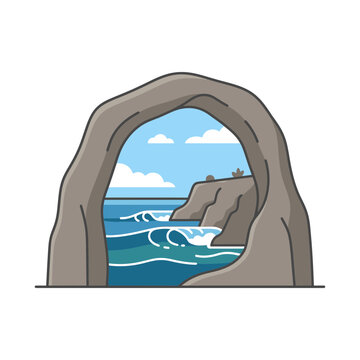 Natural Rock Arch View with Ocean Waves and Coastal Cliffs Vector Illustration