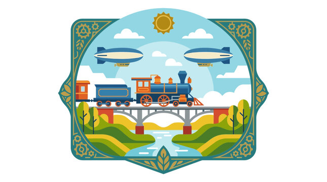 Retro Steampunk Locomotive Crossing Arched Bridge with Airships and Vintage Decorative Frame