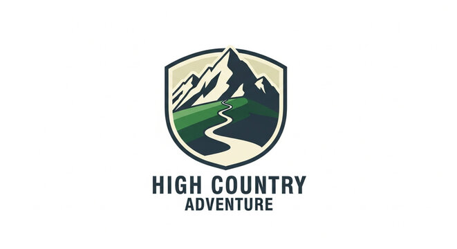 Mountain Peak Emblem: A stylized shield emblem featuring a winding path leading through a majestic mountain range, symbolizing adventure and exploration.